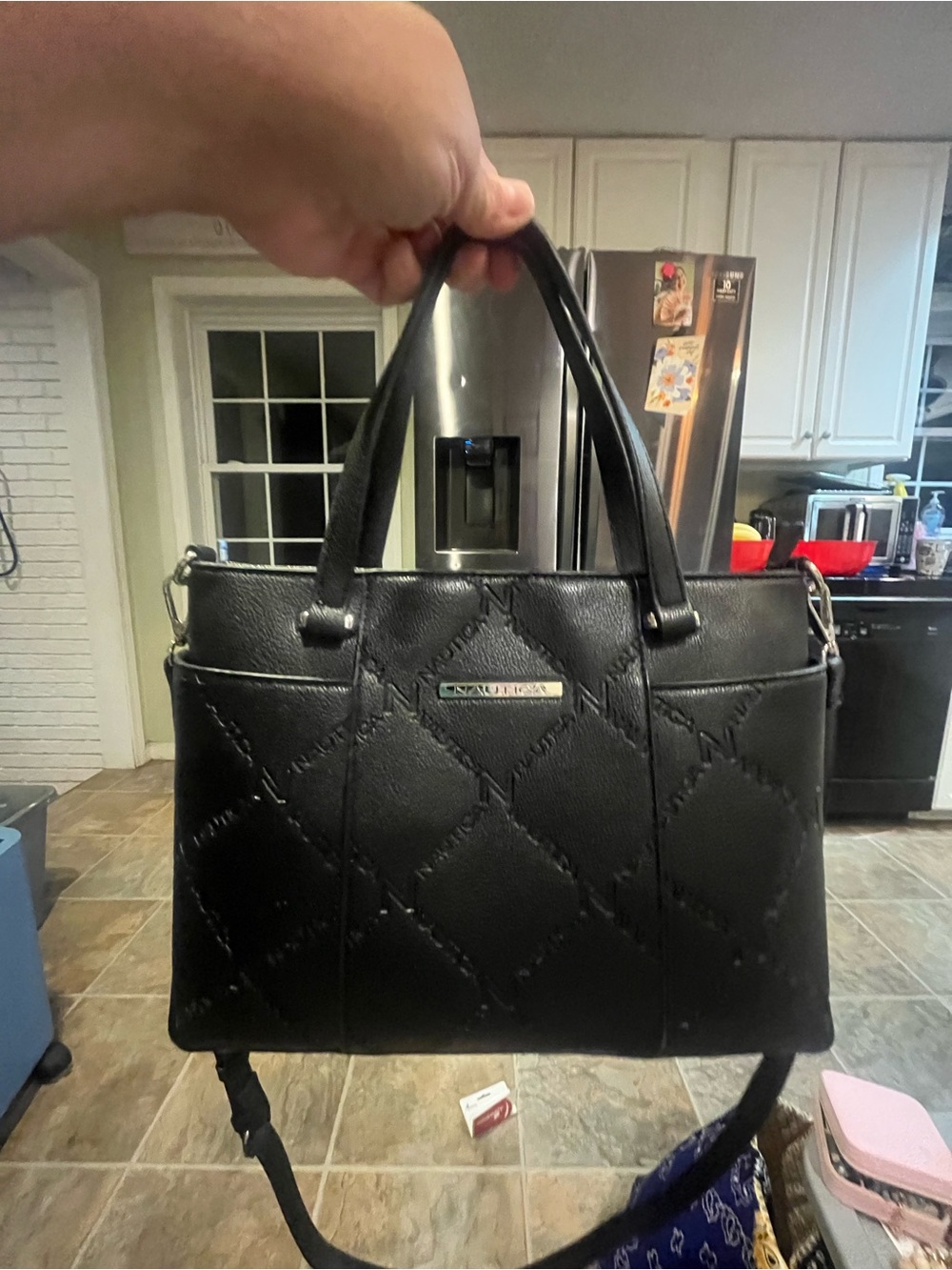 Nautica Black Quilted Diamond-Pattern Tote with Shoulder Strap